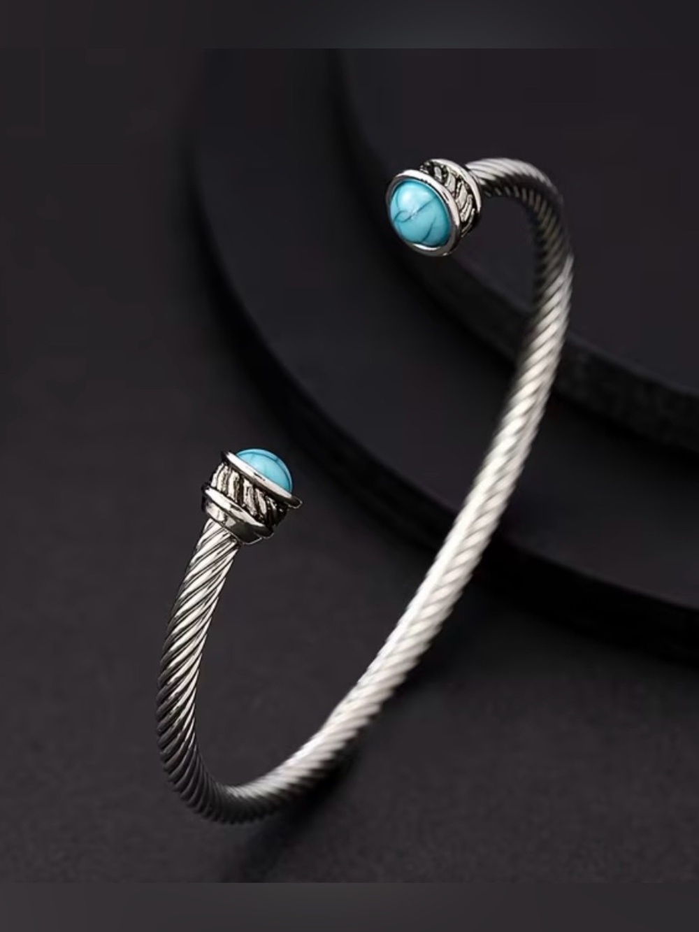 Yurman style Sterling Silver Twisted Cable Cuff Bracelet with Turquoise Accents